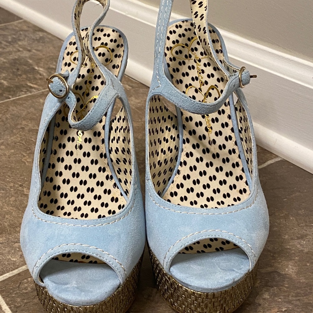 Jessica Simpson Eddy blue suede peep toe heels. - Picture 6 of 15